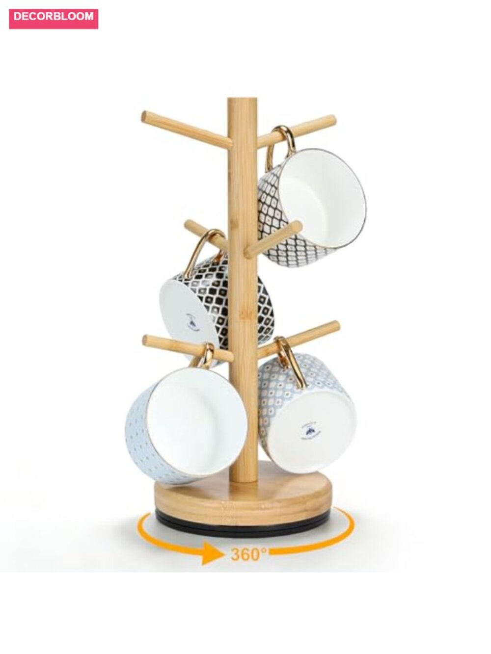 Bamboo 360 Rotating Mug Tree Holder with 6 Hooks for Counter Storage Organizer